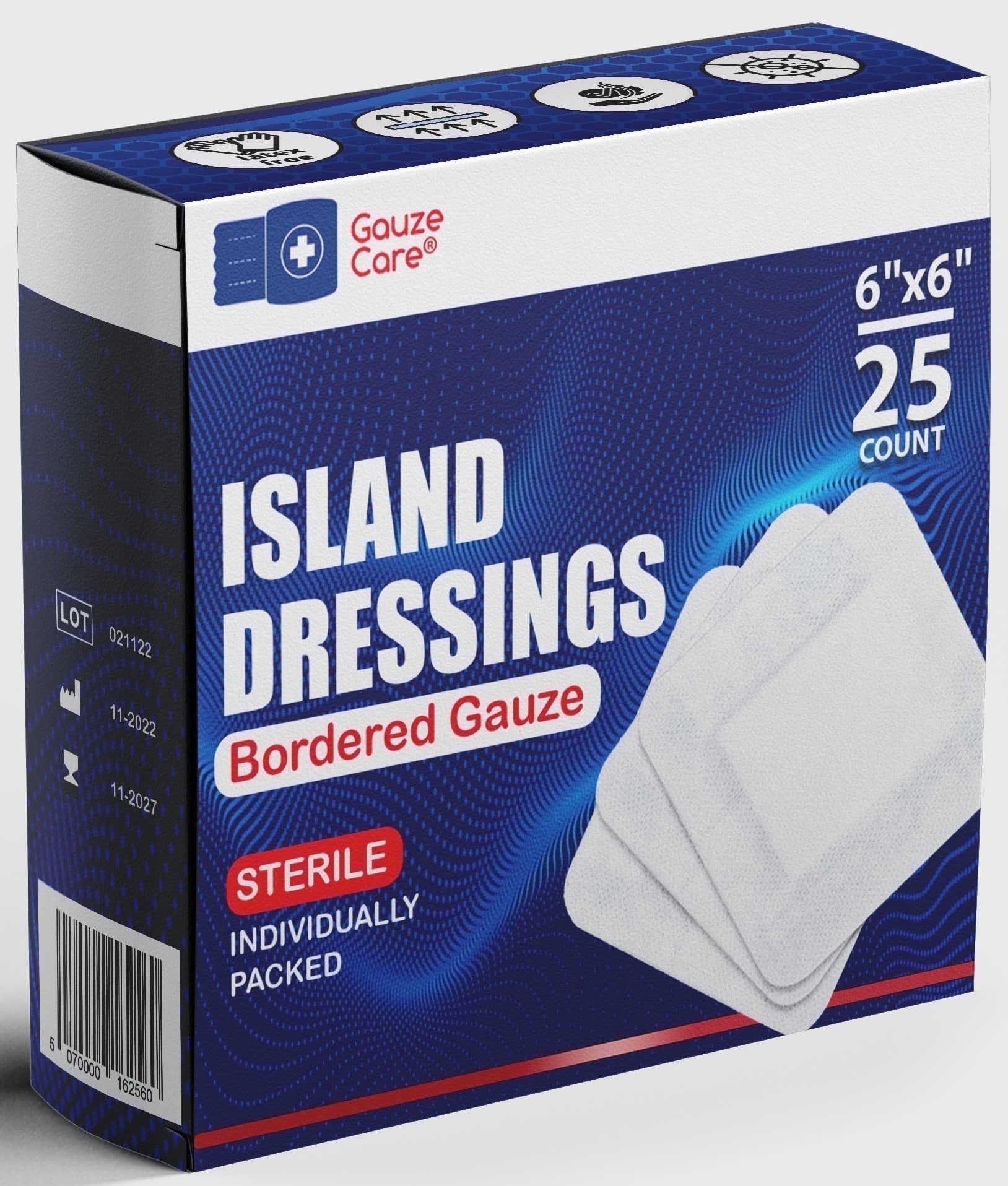 Gauze Care Island Dressing Bordered Gauze 6x6", 25 Pcs, Non-Stick Pad in Centre with Acrylic Adhesive Borders, Sterile, Water-Resistant for First Aid Wound Care