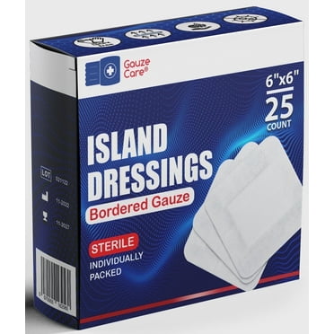 Gauze Care Island Dressing Bordered Gauze 6x6", 25 Pcs, Non-Stick Pad in Centre with Acrylic Adhesive Borders, Sterile, Water-Resistant for First Aid Wound Care
