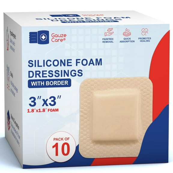 GauzeCare Silicone Foam Dressing 3x3 (Pack of 10) – Waterproof Wound Bandages with Adhesive Border, Self-Adhesive and Highly Absorbent Silicone Bandages for Effective Wound Care