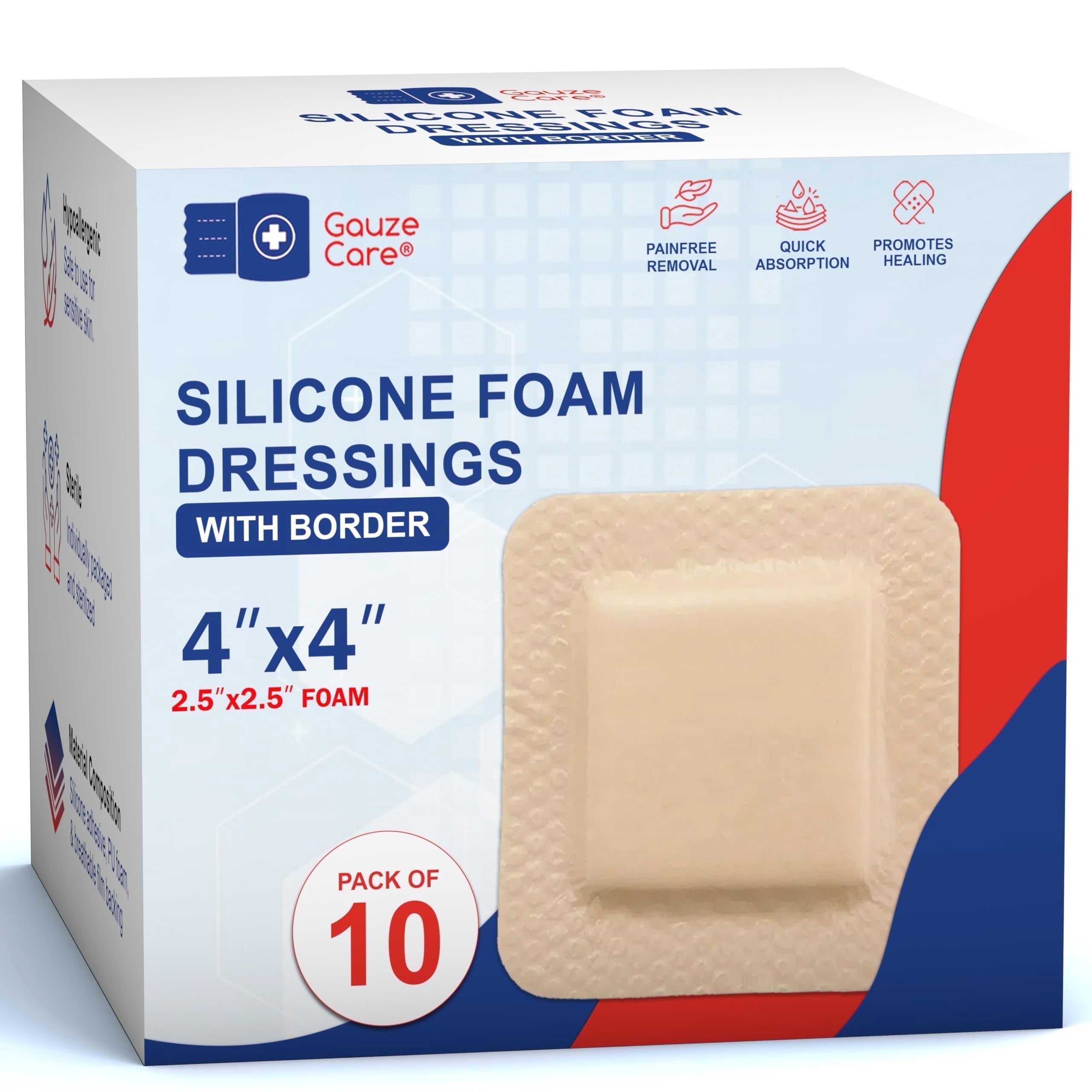 Gauze Care, Silicone Foam Dressings, 4x4, Pack of 10 - Walmart.com