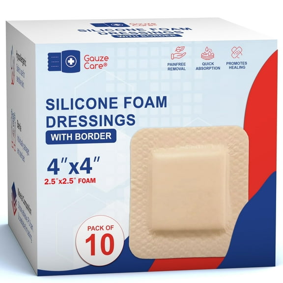 GauzeCare Silicone Foam Dressings 4x4 (Pack of 10) - Waterproof Bed Sore Bandages with Adhesive Border | Highly Absorbent 4x4 Bandages for Wound Care