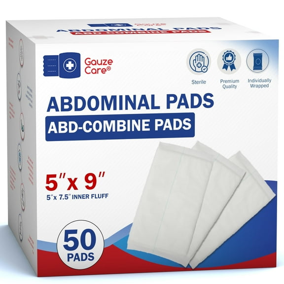 Gauze Care Abdominal Pads, 50 Count, 5"x9" Sterile, Extra Absorbent, Non-Stick, for Heavy Wounds and First Aid Kits