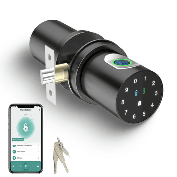Gavdhe Fingerprint Door Knobs with Lock and Key, Biometric Lock  4-in-1 Unlocking Fingerprint/Key/Code/Bluetooth, Keyless Entry Lock Smart Door Knob