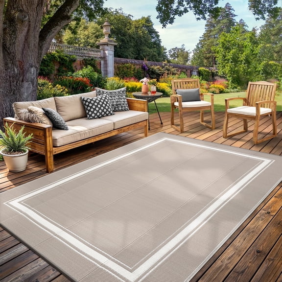 Garvee 10'x14' Waterproof Outdoor Rug, Reversible Patio Area Rug Indoor Outdoor Carpet, Plastic Modern Geometric Carpet for RV Camping Deck Balcony Porch Picnic, Gray Coffee