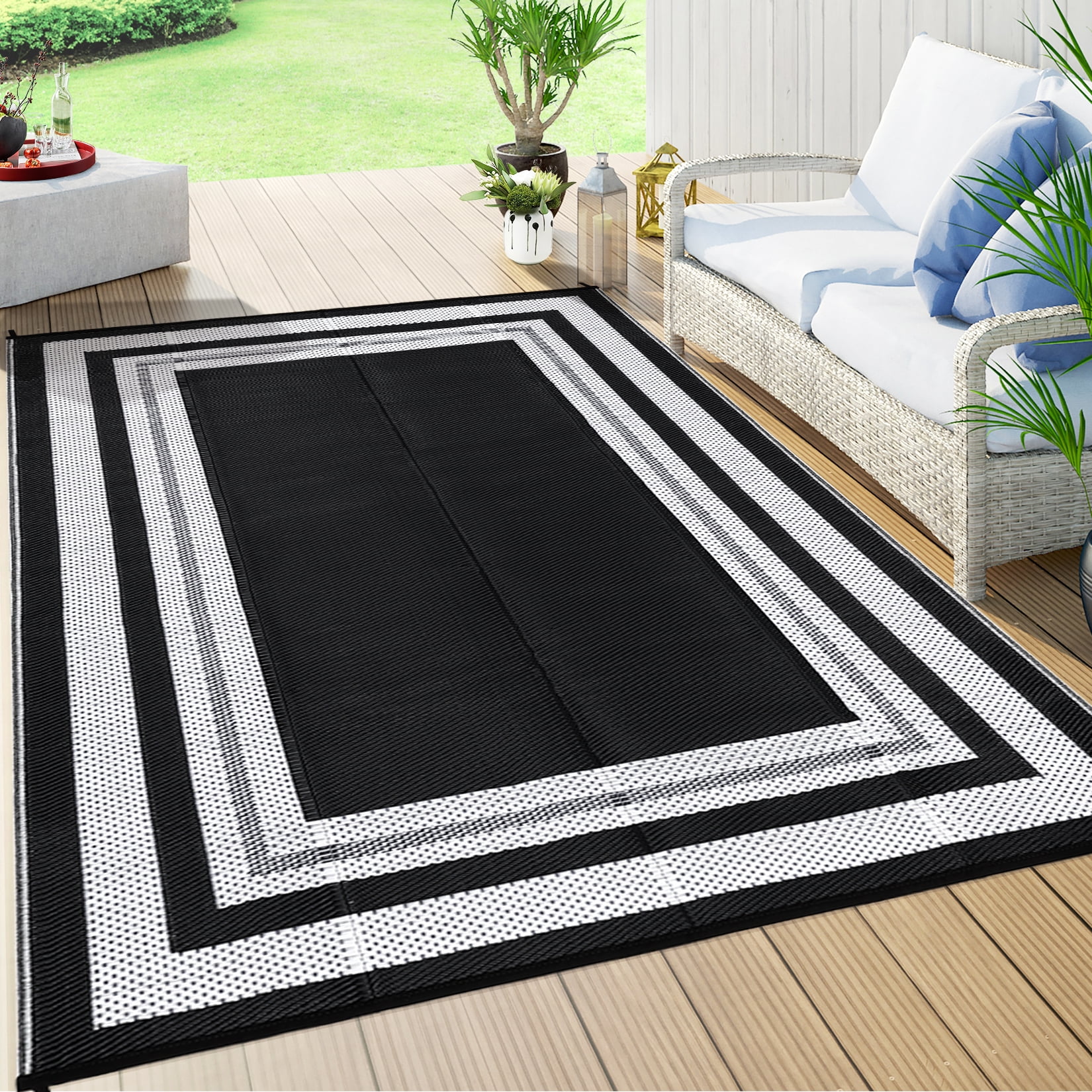 Gavee 10'x14' Waterproof Outdoor Rug, Reversible Patio Area Rug Indoor Outdoor Carpet, Plastic Modern Geometric Carpet for RV Camping Deck Balcony, Porch, Picnic, with Storage Bag, Black and White