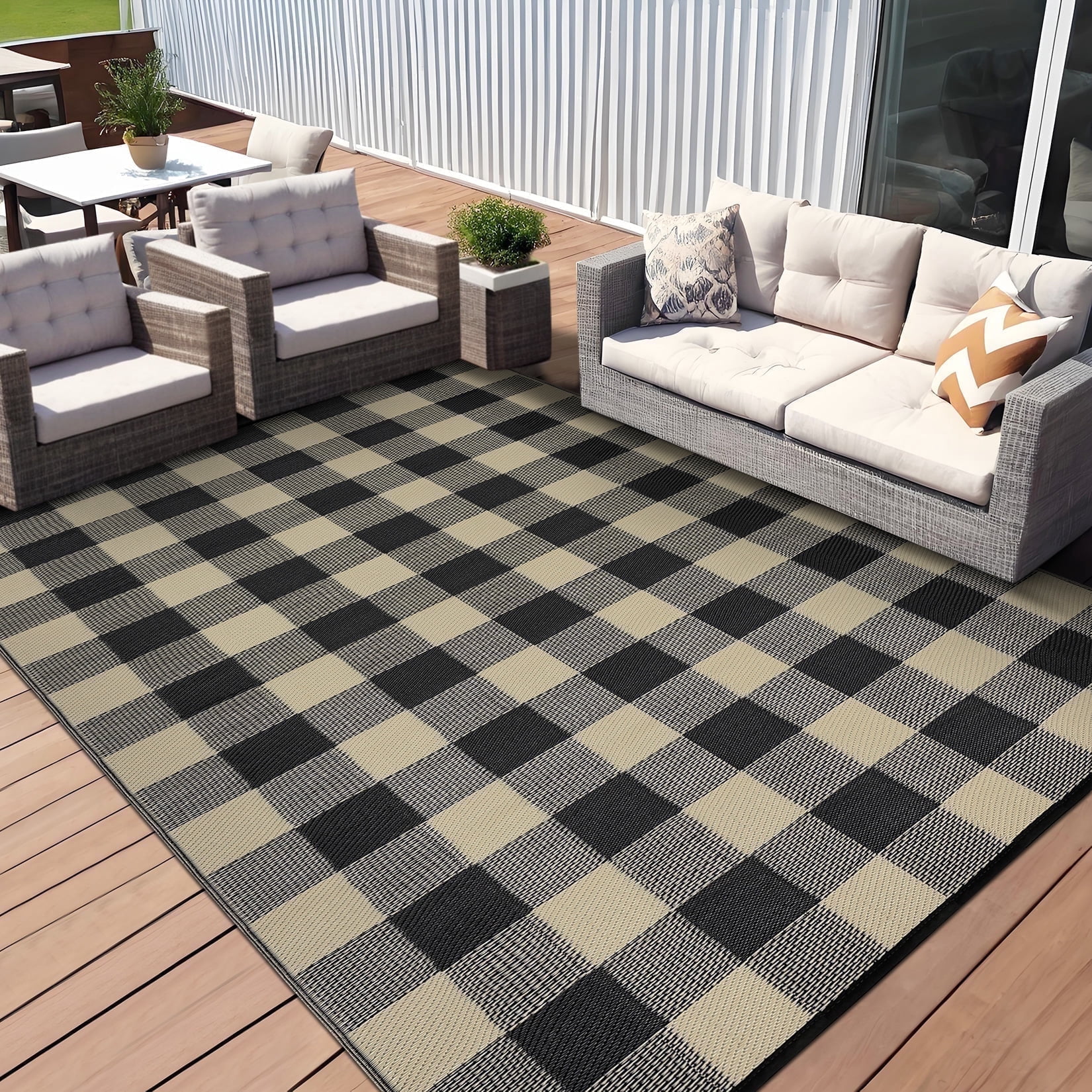 Gavee 8'x10' Plaid Outdoor Rug, Waterproof Reversible Patio Area Rug ...