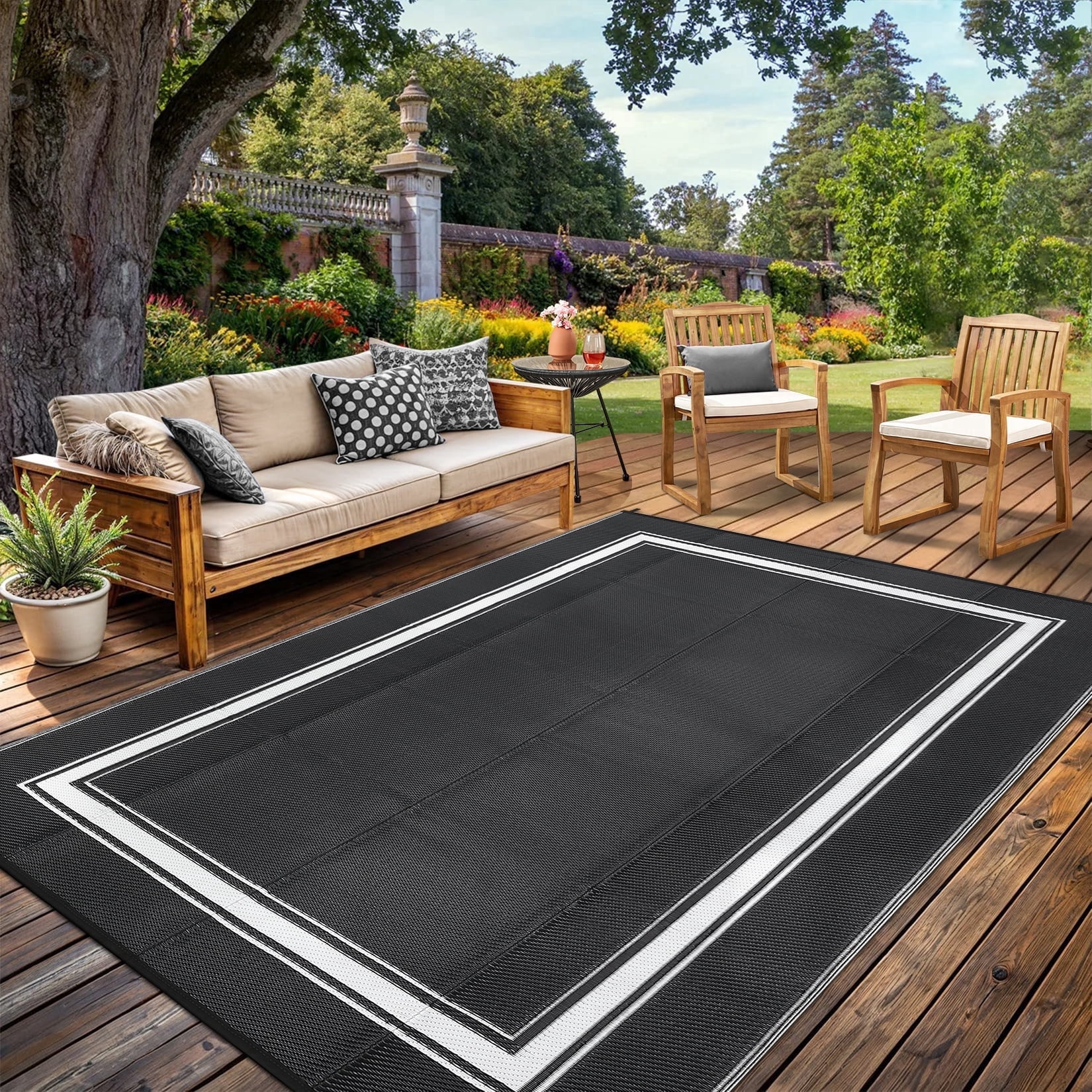 Garvee 8'x10' Waterproof Outdoor Rug, Reversible Patio Area Rug Indoor Outdoor Carpet, Plastic Modern Geometric Carpet for RV Camping Deck Balcony Porch Picnic, Black and White