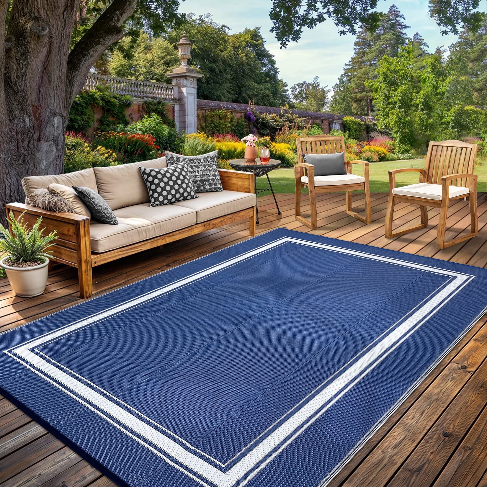 Garvee 8'x10' Waterproof Outdoor Rug, Reversible Patio Area Rug Indoor Outdoor Carpet, Plastic Modern Geometric Carpet for RV Camping Deck Balcony Porch Picnic, Dark Blue and White