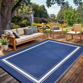 Garvee 8'x10' Waterproof Outdoor Rug, Reversible Patio Area Rug Indoor Outdoor Carpet, Plastic Modern Geometric Carpet for RV Camping Deck Balcony Porch Picnic, Dark Blue and White