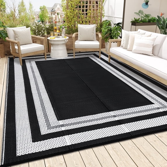 Gavee 8'x10' Waterproof Outdoor Rug, Reversible Patio Area Rug Indoor Outdoor Carpet, Plastic Modern Geometric Carpet for RV Camping Deck Balcony, Porch, Picnic, with Storage Bag, Black and White