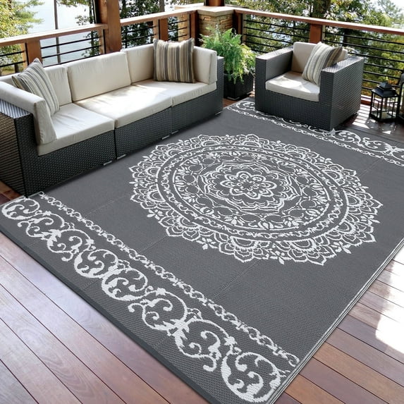 Gavee 9'x12' Boho Outdoor Rug, Waterproof Reversible Patio Area Rug Indoor Outdoor Carpet, Plastic Straw Rug RV Outdoor Mat for Camping Deck Balcony, Porch, Picnic, Gray and White