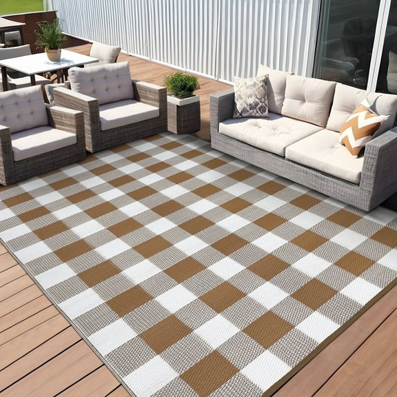 Gavee 9'x12' Plaid Outdoor Rug, Waterproof Reversible Patio Area Rug Indoor Outdoor Carpet, Plastic Farmhouse Geometric Carpet for RV Camping Deck Balcony, Brown and White