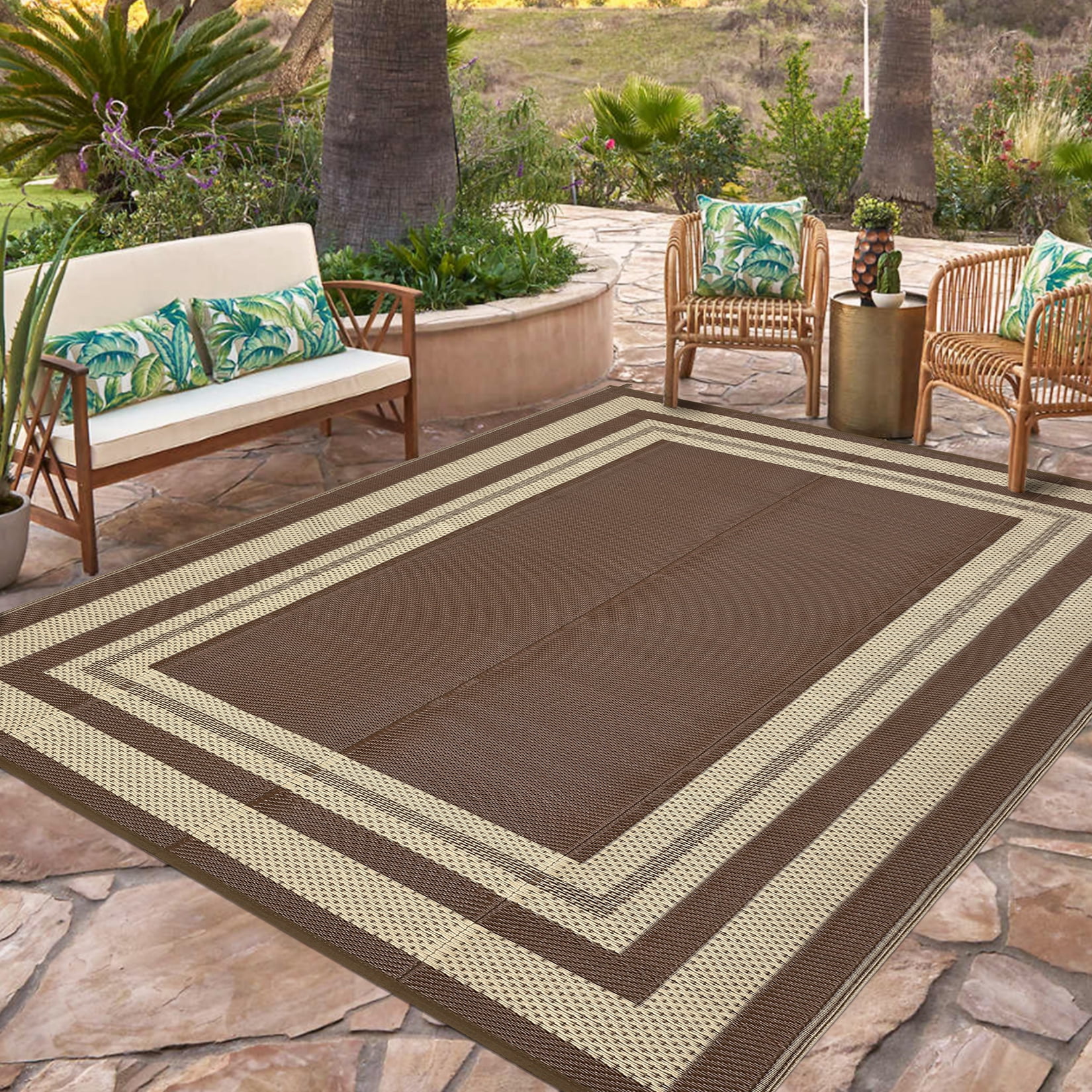 Gavee 9'x12' Waterproof Outdoor Rug, Reversible Patio Area Rug Indoor Outdoor Carpet, Plastic Modern Geometric Carpet for RV Camping Deck Balcony, Porch, Picnic, with Storage Bag, Brown