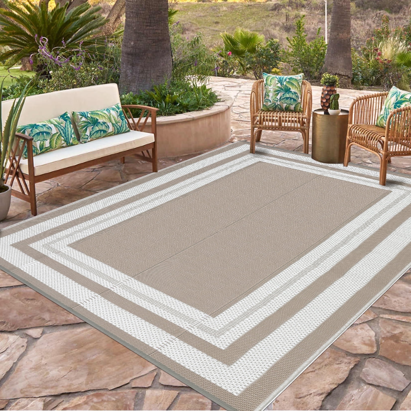 Gavee 9'x12' Waterproof Outdoor Rug, Reversible Patio Area Rug Indoor Outdoor Carpet, Plastic Modern Geometric Carpet for RV Camping Deck Balcony, Porch, Picnic, with Storage Bag, Gray and Brown
