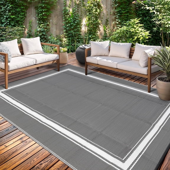 Garvee 9'x12' Waterproof Outdoor Rug, Reversible Patio Area Rug Indoor Outdoor Carpet, Plastic Modern Geometric Carpet for RV Camping Deck Balcony Porch Picnic, Gray White