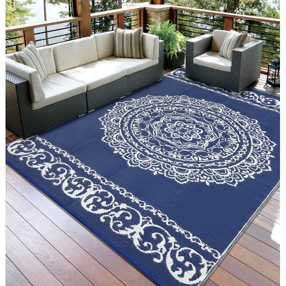 Gavee 9'x18' Boho Outdoor Rug, Waterproof Reversible Patio Area Rug Indoor Outdoor Carpet, Plastic Straw Rug RV Outdoor Mat for Camping Deck Balcony, Porch, Picnic, Dark Blue and White