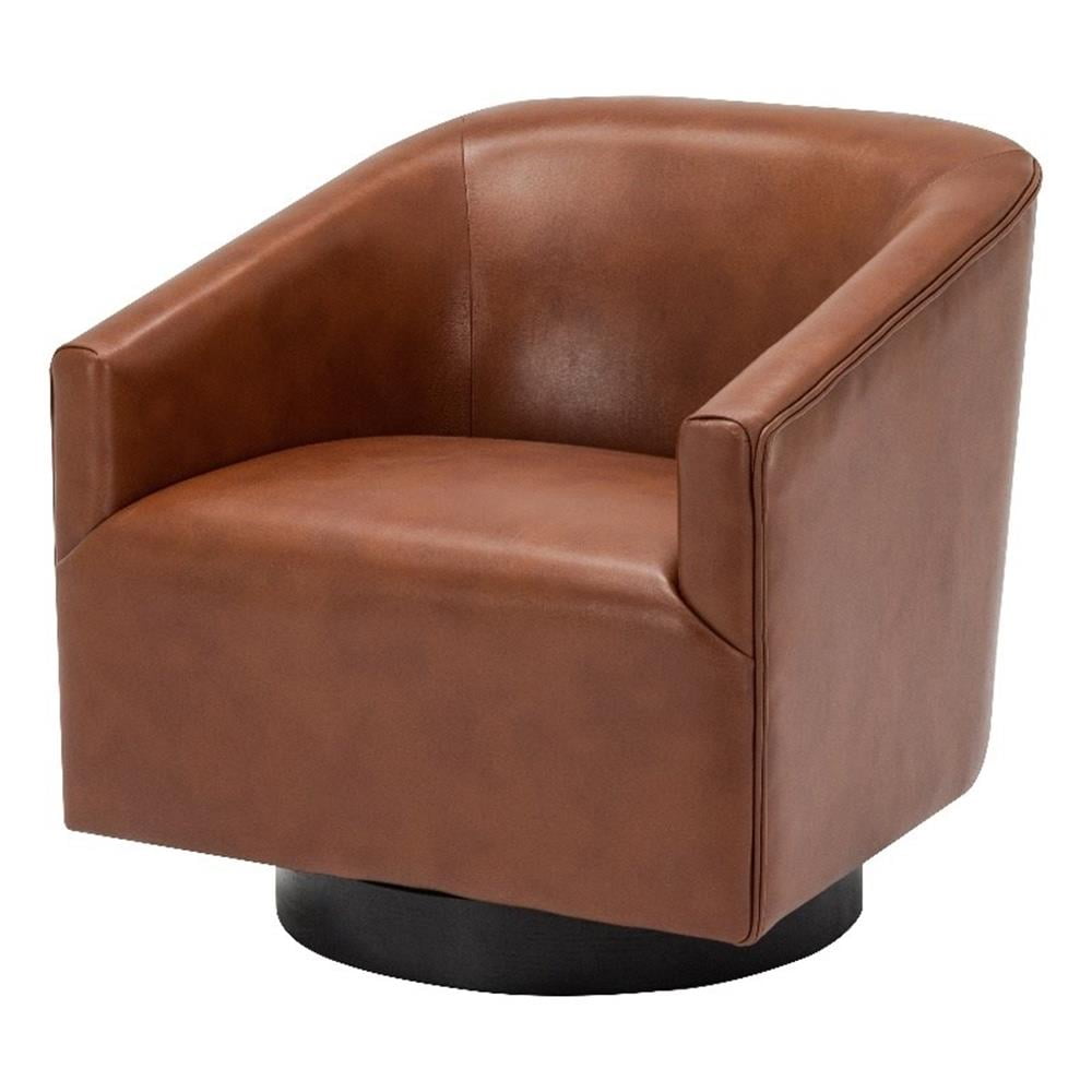 Gaven Black Faux Leather Swivel Barrel Chair with Wood Base