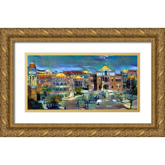 Gavidia, Pedro 14x9 Gold Ornate Wood Framed with Double Matting Museum Art Print Titled - Barcelona Spain Sant Pau Hospital and Palau de la Musica