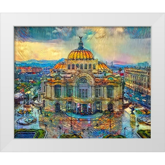 Gavidia, Pedro 17x15 White Modern Wood Framed Museum Art Print Titled - Mexico City Palace of Fine Arts in the rain