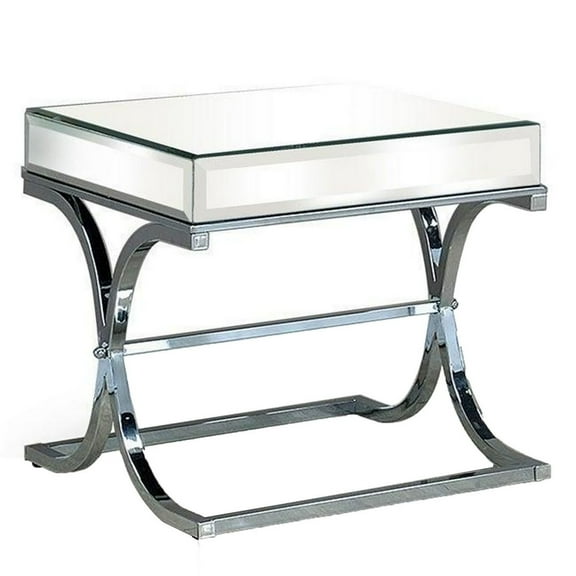 Gavin 24 Inch Side End Table Mirrored Panels Curved Crossed Base Chrome - Saltoro Sherpi