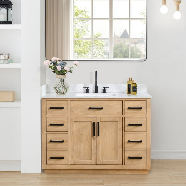 "Gavino 48"" Light Brown Wood Vanity, Composite Stone Top, Modern ...