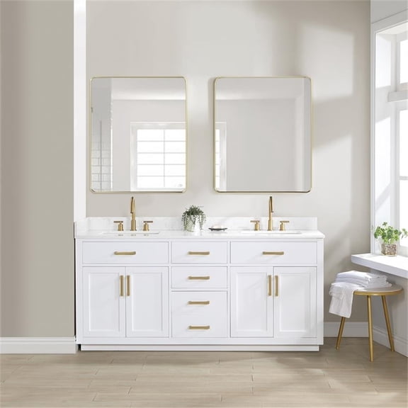 Gavino 72" Wood Vanity in White with Grain White Composite Stone Top and Mirror