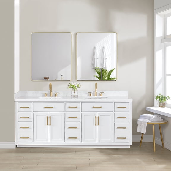 Gavino 84" Wood Vanity in White with Composite Stone Top with Mirror