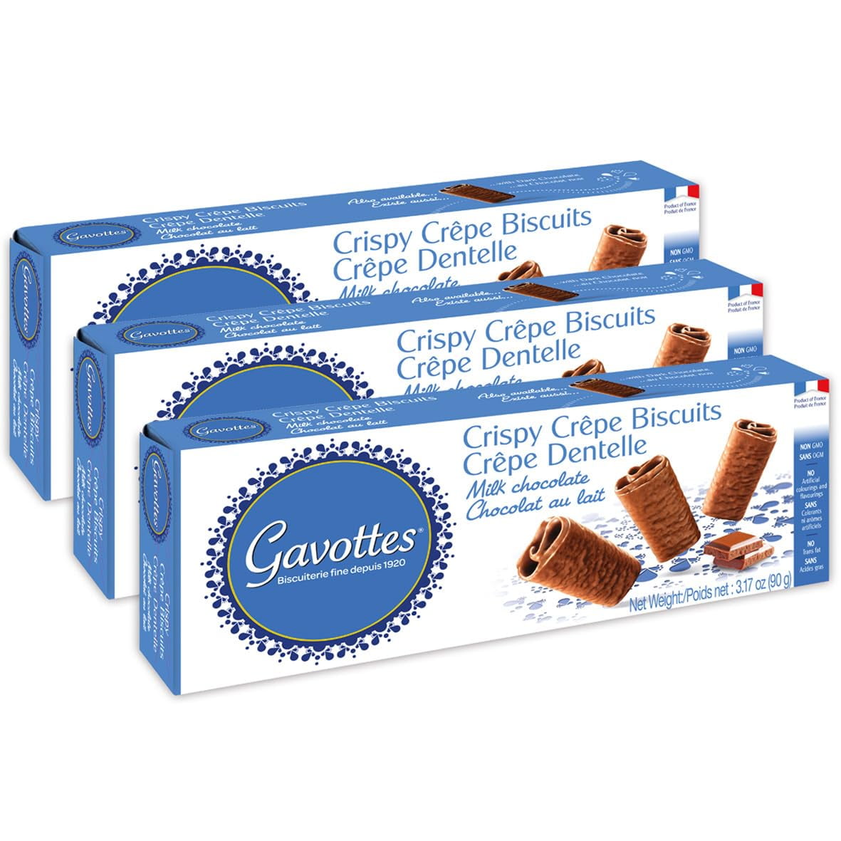 Gavottes Milk Chocolate Crepe Dentelle Cookies 90 gram box, Three