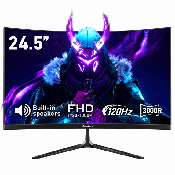 Gawfolk 24.5" Curved Gaming Monitor 120Hz Full HD 1080P Built-In Speakers Tilt Adjustable