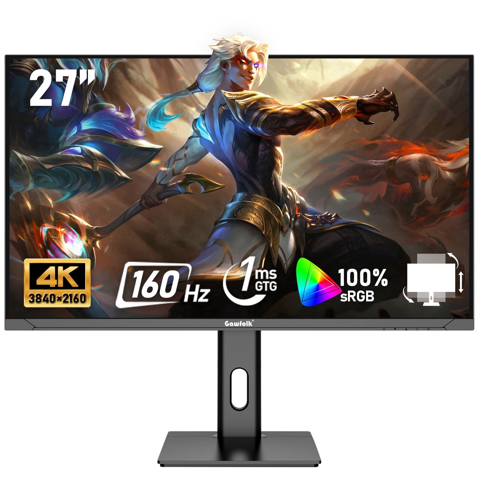 Gawfolk 27 Inch 4K 160Hz IPS Gaming Monitor, AMD FreeSync Premium, 120% sRGB, HDMI 2.1/DP 1.4, Height Adjustable Stand