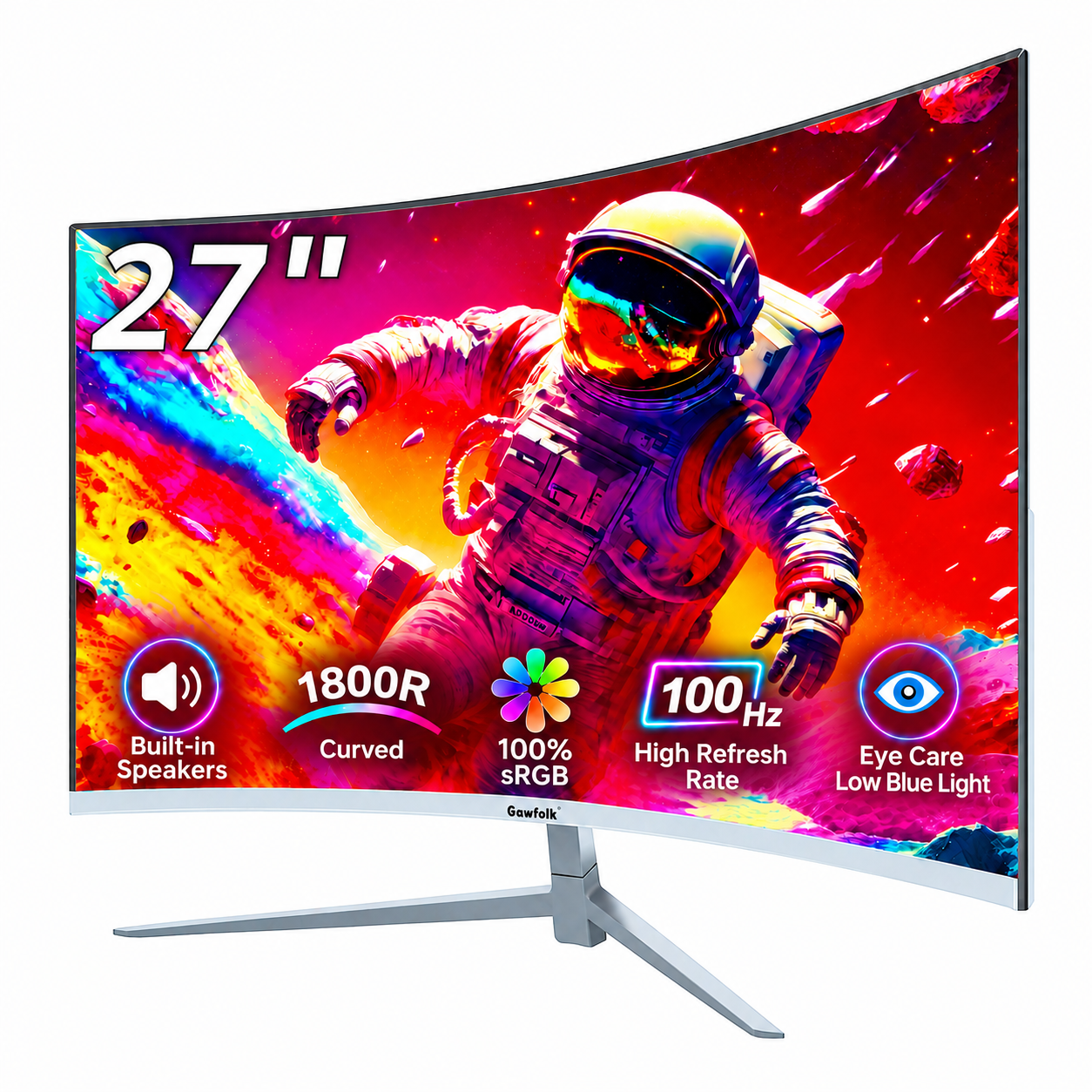 Gawfolk 27-Inch Curved Monitor, Full HD 1080p, 100Hz, Built-in Speakers, White