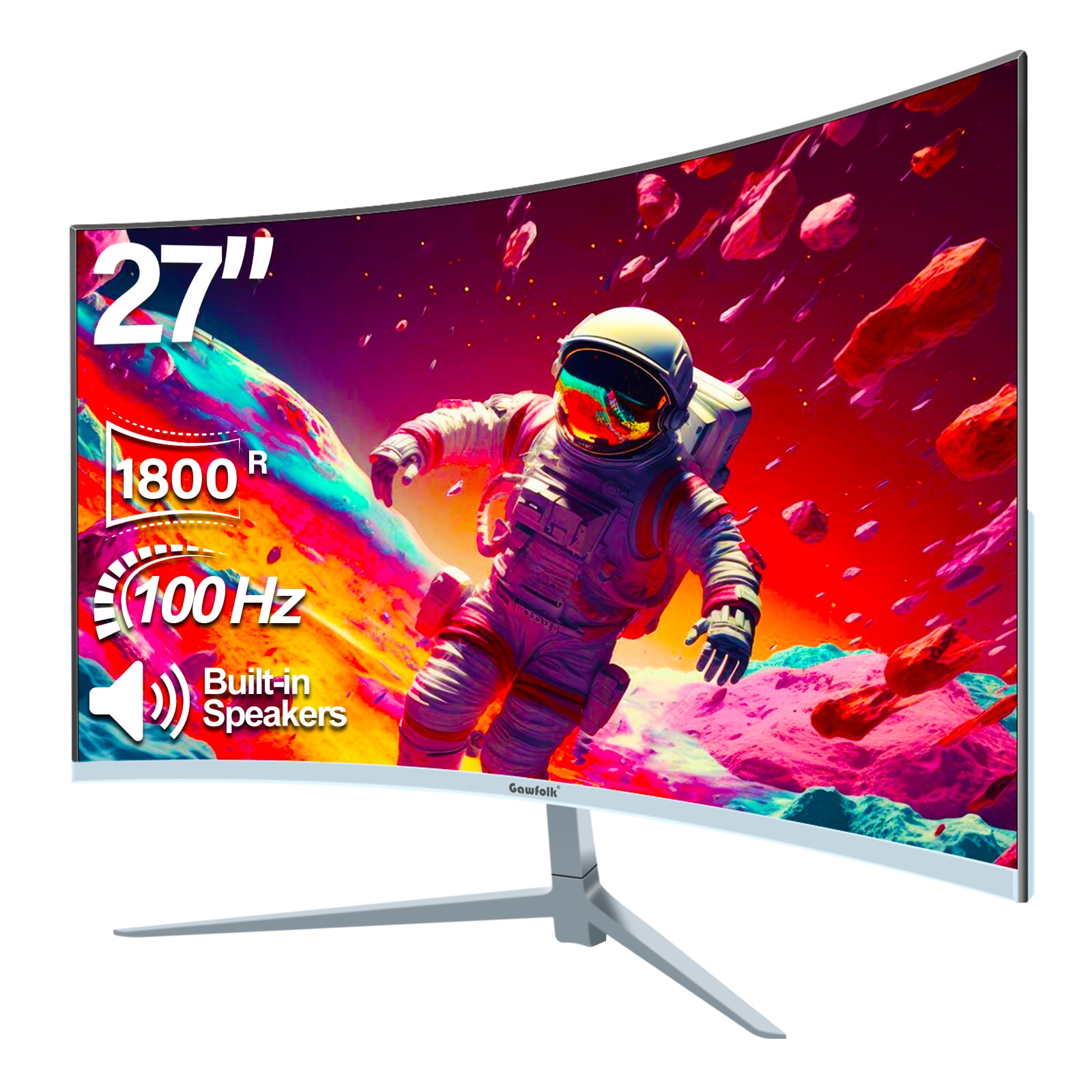 Gawfolk 27 inch Curved Monitor 100hz PC White Computer Gaming Monitor FHD 1080P 1800R Frameless Built in Speakers