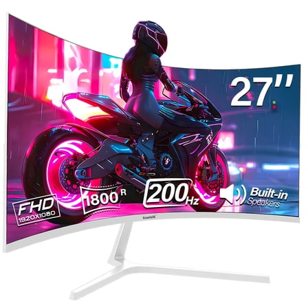 Gawfolk 27 Inch Curved Gaming Monitor, FHD 1080P, 200Hz, 1800R Curvature, Frameless, White, Built-in Speakers