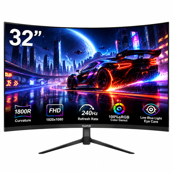 Gawfolk 32 inch Curved Gaming Monitor 240Hz Curved Gaming Monitor, 1800R FHD 1080P Frameless Display, AMD FreeSync, Eye Care, VESA Mountable