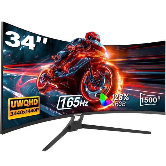 Gawfolk 34-Inch Curved Ultrawide Gaming Monitor 165Hz 1500R WQHD 3440x1440 FreeSync Adjustable Stand