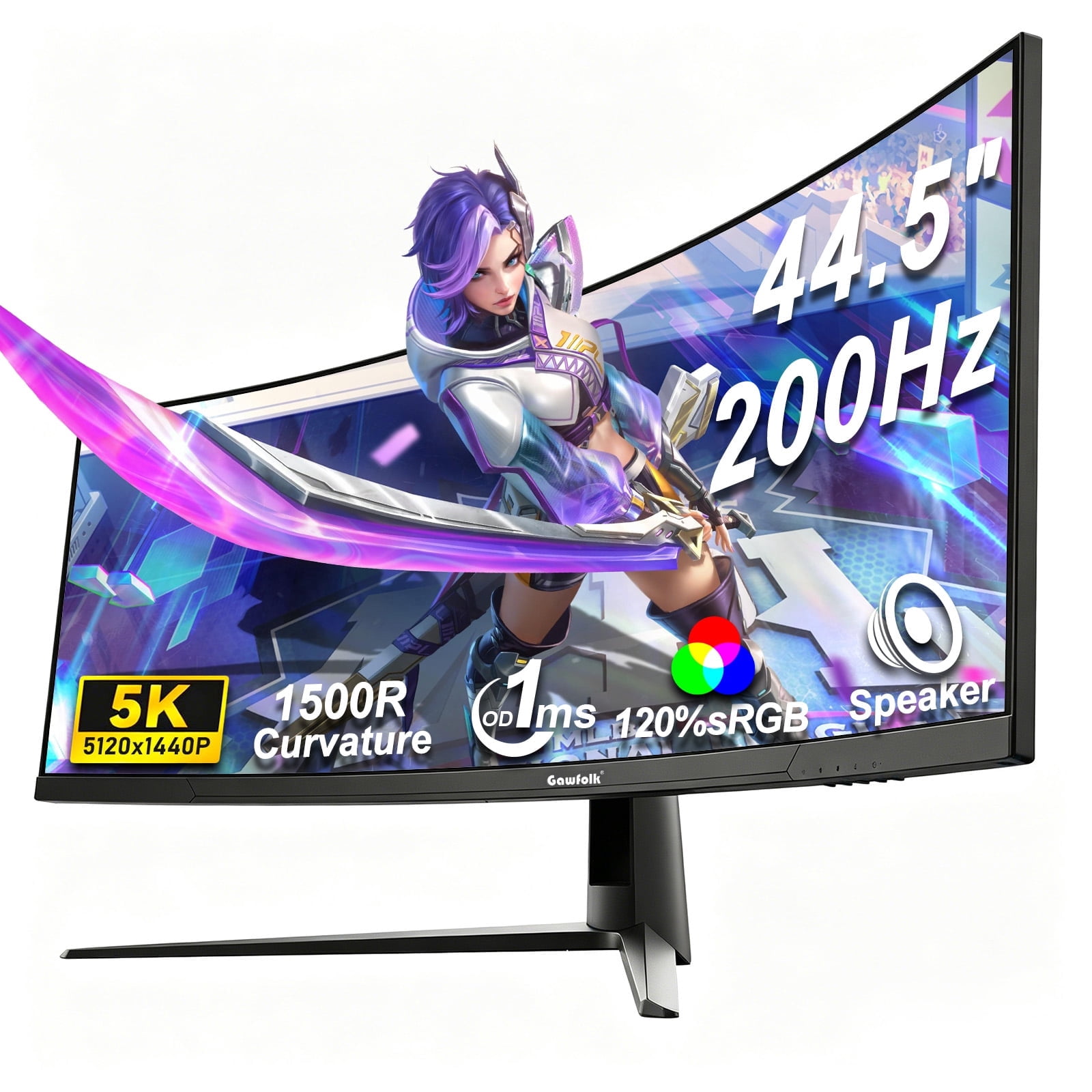 Gawfolk 45 Inch Ultrawide Curved Gaming Monitor, 200Hz 5K2K DQHD, Built-in Stereo Speakers, FreeSync G-Sync Compatible, HDMI 2.1/DP 1.4