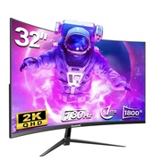 شاشة Gawfolk Curved Gaming Monitor مقاس 32 بوصة بدقة 2K وتردد 180 هرتز بدون إطار، شاشة كمبيوتر QHD بدقة 2560*1080 بكسل، DP، منفذ HDMI باللون الأسود