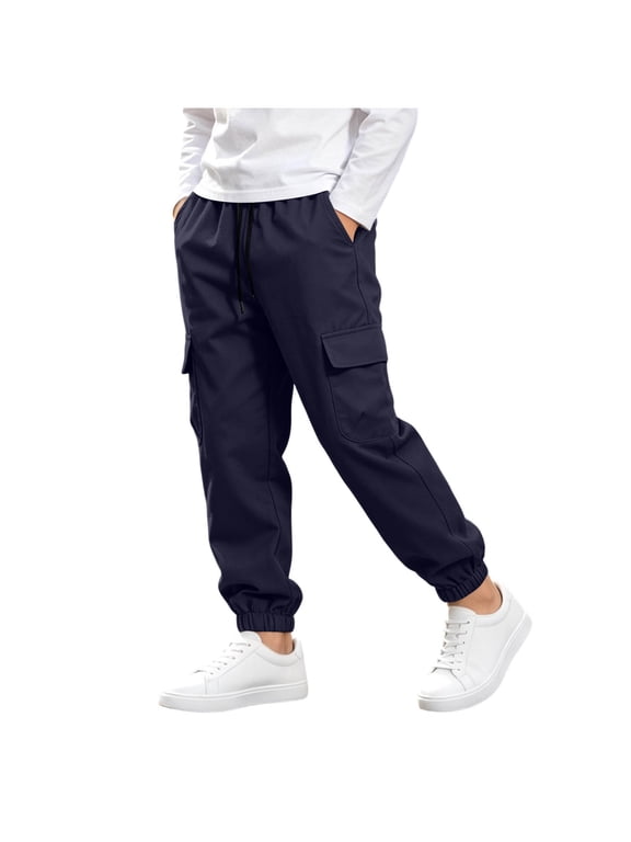 Boys Cargo Jogger Pants, Kids Elastic Waist Cargo Pants with Drawstring and Pockets, Lightweight School Play Wear Ages 5-15,Size 5-6T