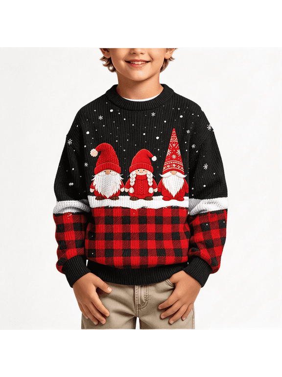 Boys Ugly Christmas Sweater Gnome Graphic Crew Neck Black Buffalo Plaid Pullover Kids Holiday,Size 7-8 T