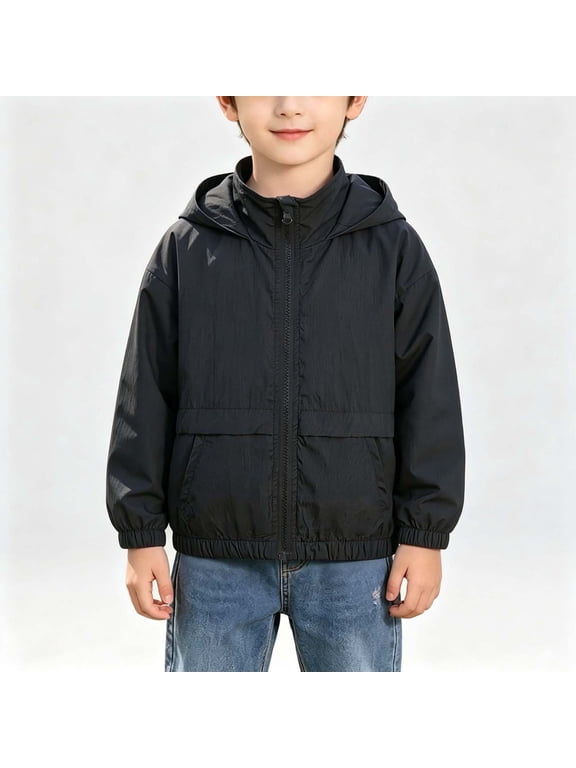 Boys Zip Up Hooded Jacket Lightweight Loose Fit Black Casual Outerwear for Spring Fall and School,Size 4-5 T