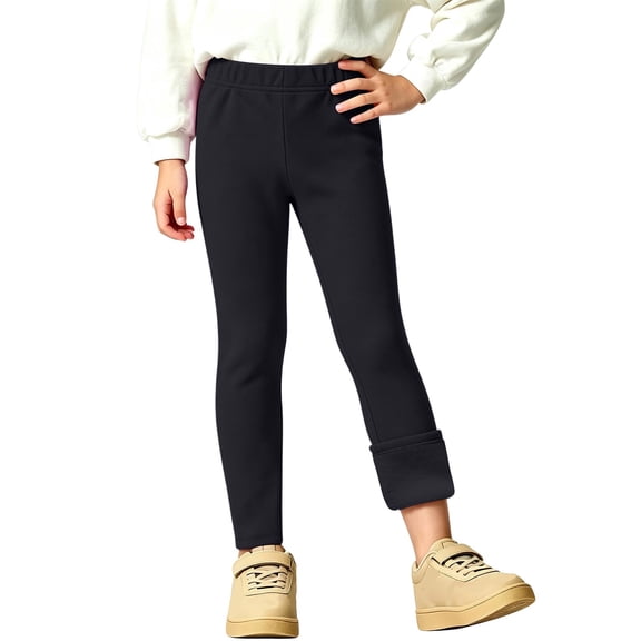 Gaxelrn Girls Black Fleece Lined Thermal Leggings, Solid Stretch Pull-On Winter Pants, Warm Leggings for Girls 2-13 Years,Size 6-7 T