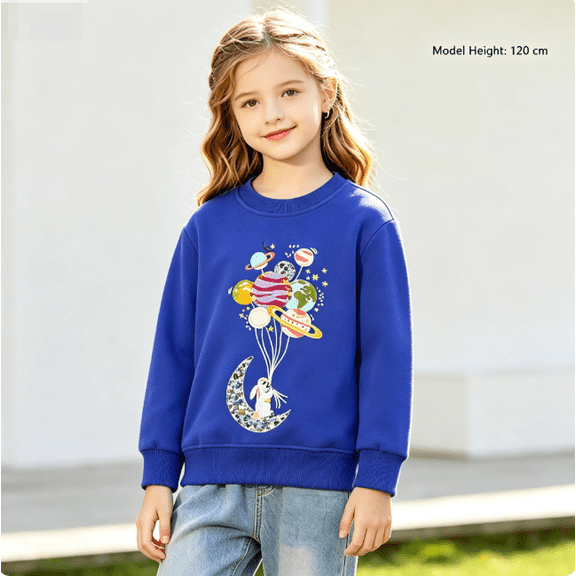 Gaxelrn Girls Blue Cotton Crewneck Sweatshirt with Space Embroidery Long Sleeve Pullover Top Ages 2-7,Size 5-6 T