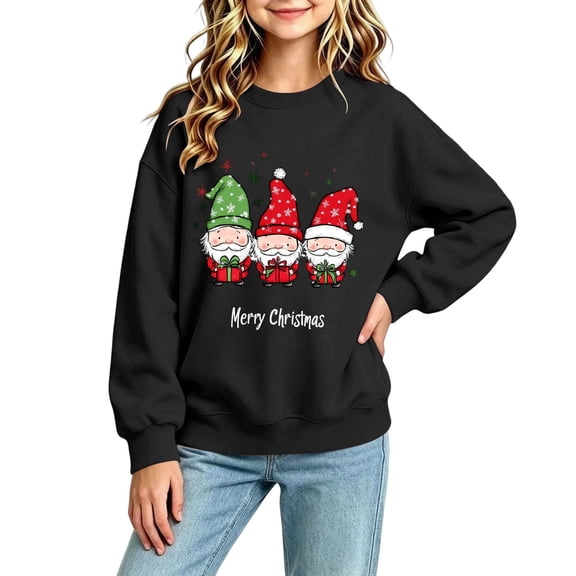 Gaxelrn Girls Christmas Gnome Crewneck Sweatshirt Black Long Sleeve for Kids,Size 7-8 T