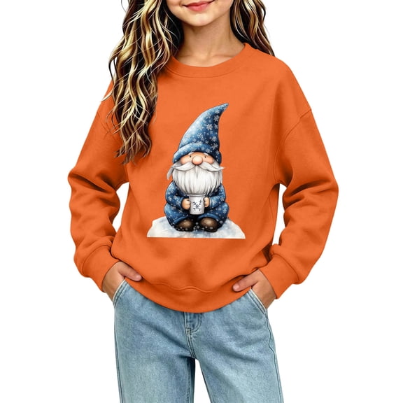 Gaxelrn Girls Christmas Gnome Sweatshirt Orange Holiday Graphic Pullover Crewneck Long Sleeve Winter Top for Toddler Kids,Size 7-8 T