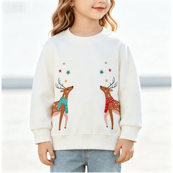 Gaxelrn Girls Christmas Reindeer Applique Sweatshirt Long Sleeve Crew Neck Cotton Pullover for Toddler Little Kids,Size 3-4 T