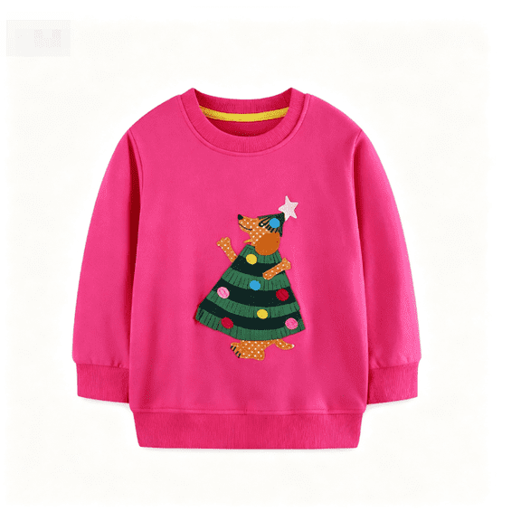 Gaxelrn Girls Cotton Pullover Sweatshirt with Dachshund Christmas Tree Applique,2-7Y Hot Pink,Size 4-5 T