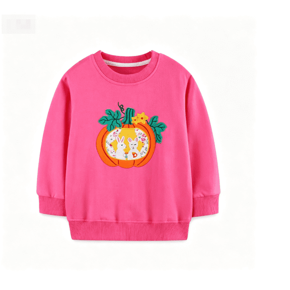 Gaxelrn Girls Fall Crewneck Sweatshirt Multicolor Pumpkin Bunny Embroidered Long Sleeve Cotton Pullover Top for Toddler Kids,Size 3-4 T