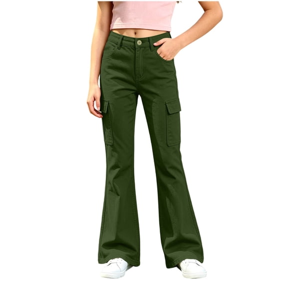 Gaxelrn Girls Flare Cargo Pants, Soft 4-Way Stretch Casual Trousers with Mid-Rise Elastic Back Waist and Multiple Utility Pockets,Size 9-10 T