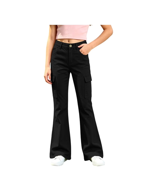 Girls Flared Cargo Pants, 4-Way Stretch Bootcut Trousers with Elastic Back Waist and Multi-Pocket Design, Ages 5-15,Size 11-12 T