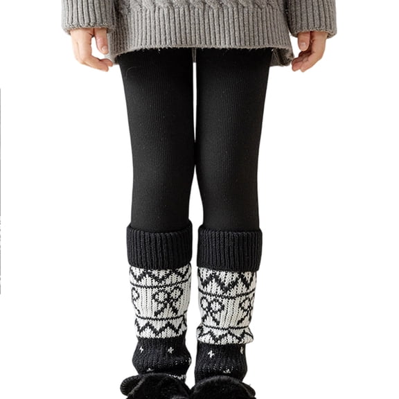 Gaxelrn Girls Fleece Lined Leggings, Black Thick Thermal Winter Knit Pants for Kids 2-13 Years, Pull On Elastic Waist,Size 7-8 T
